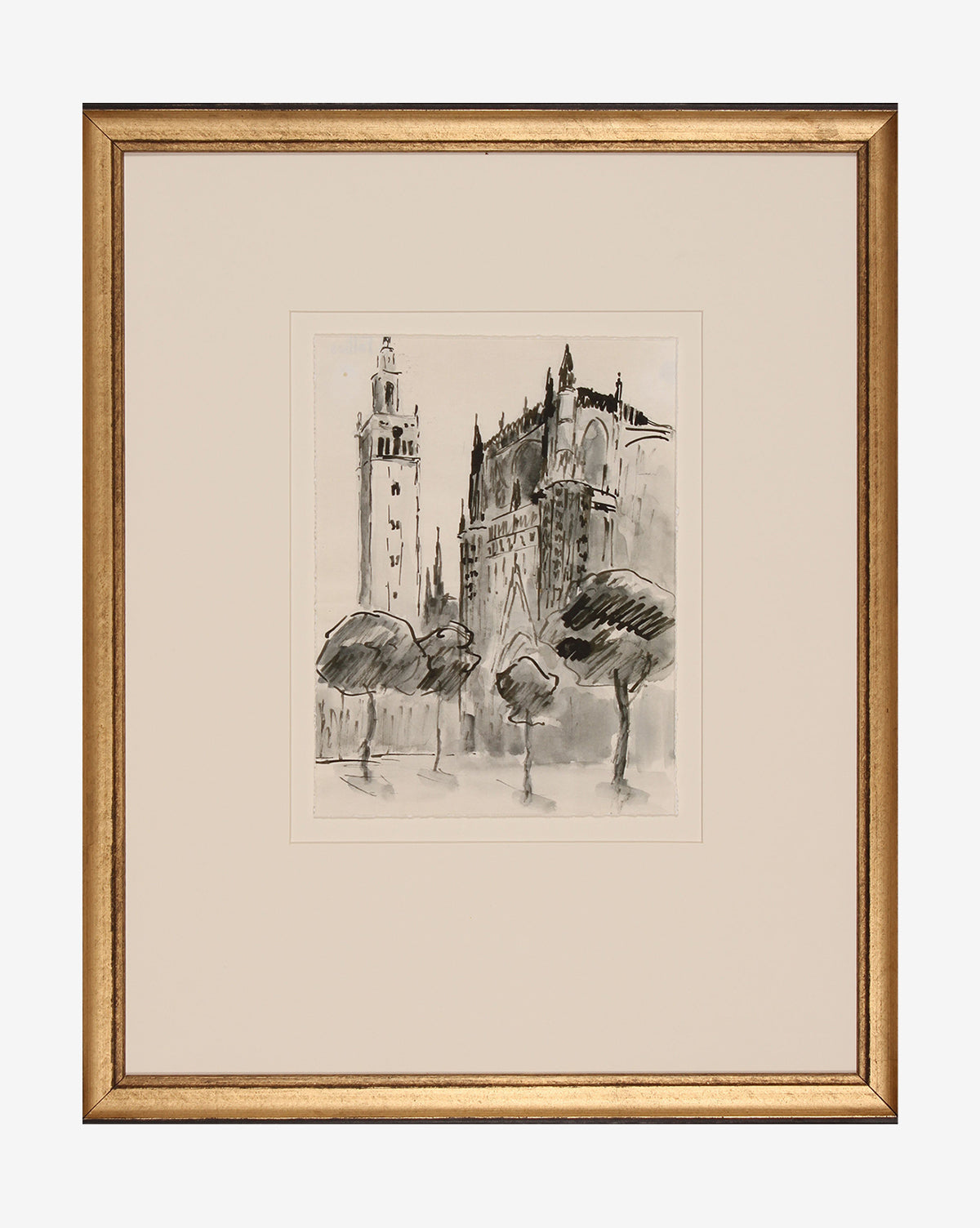 Castle Sketch: A black and white cityscape with tall buildings and foreground trees, presented as a watercolor artwork in a white mat and gold frame.