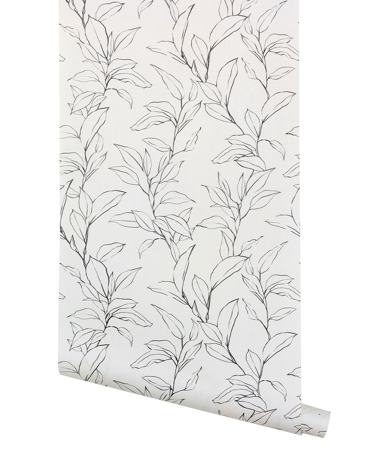 The Cecile Floral Print Wallpaper by York Wallcoverings features minimalist black line art of leafy branches on a white background, creating an airy and elegant botanical look. McGee & Co.