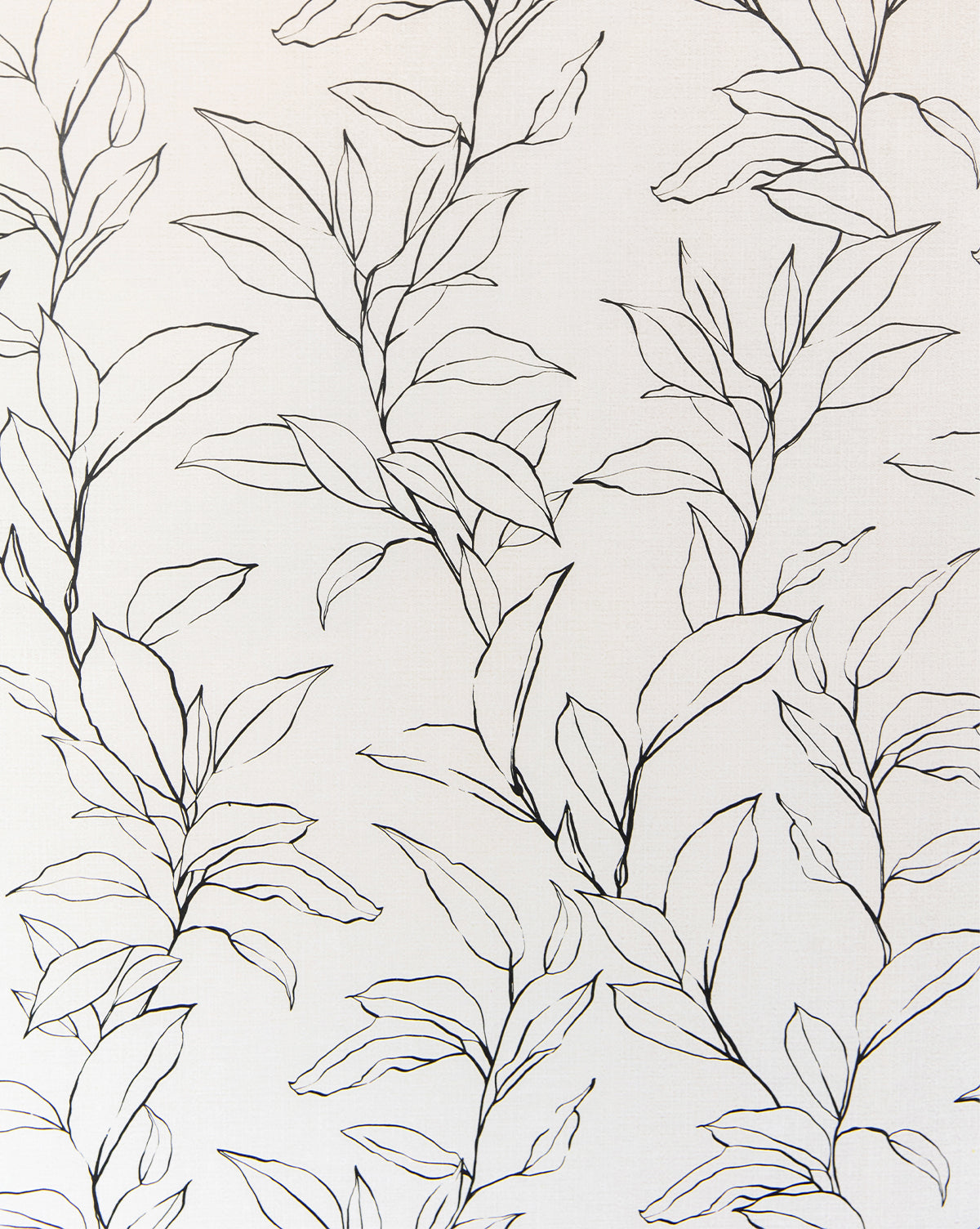 The Cecile Floral Print Wallpaper by York Wallcoverings features a black line art illustration of leafy branches on white, creating a minimalistic, elegant botanical pattern with thin lines and a graceful, repetitive design. McGee & Co.