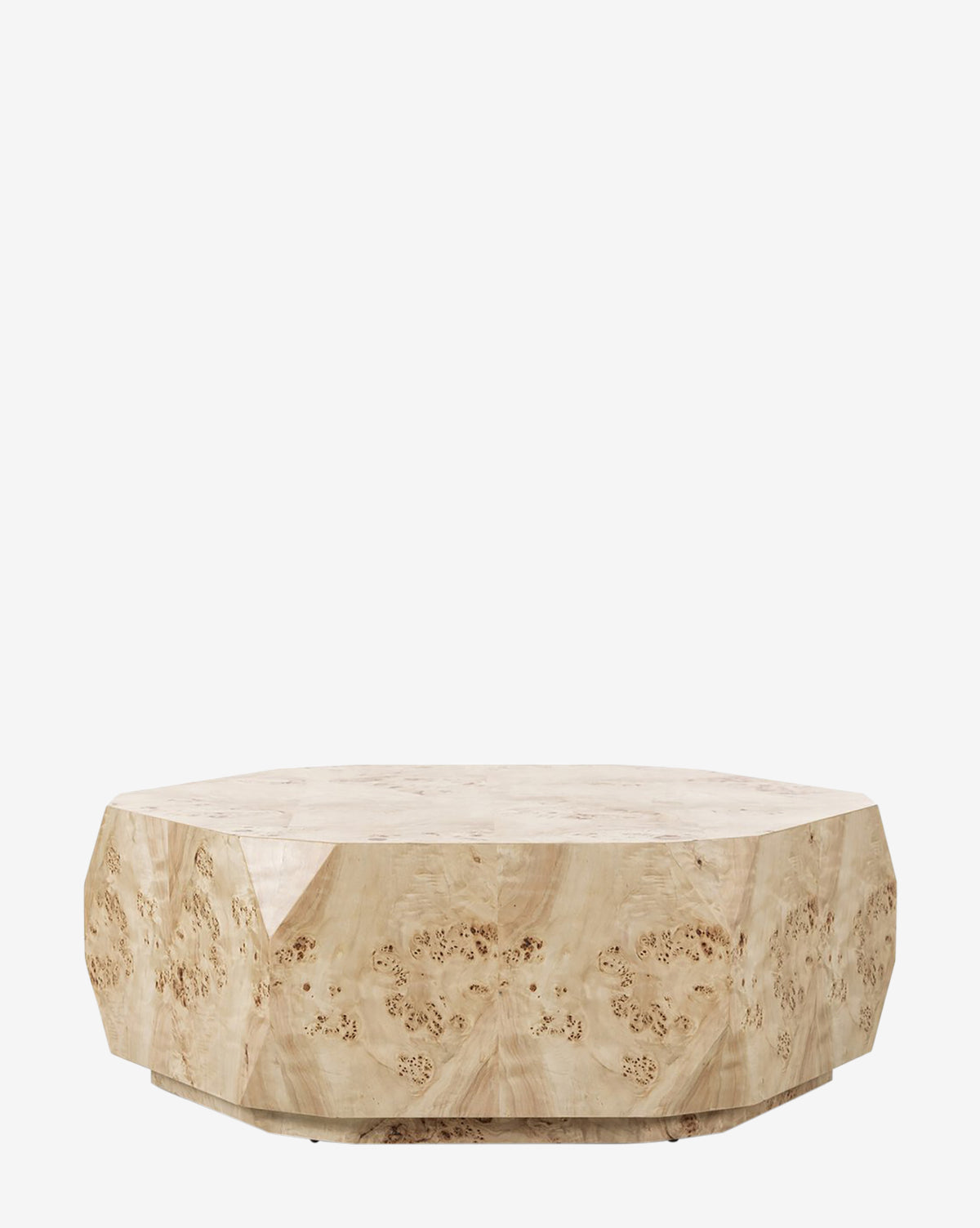The Cecily Coffee Table features a low, faceted polygonal design crafted from light poplar burl wood, offering standout contemporary style against any plain background, by McGee & Co.