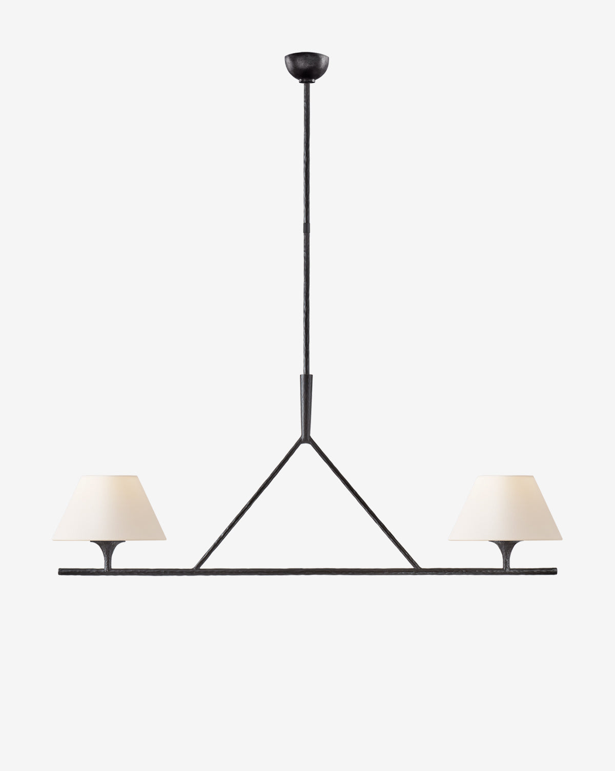 Certainly! Here’s your revised sentence with the exact string McGee & Co. blended at the end: The Cesta Large Linear Chandelier by Visual Comfort & Co. Signature features a modern black steel triangular frame with two cream cone-shaped lampshades, suspended from a vertical rod against a plain white background, McGee & Co.