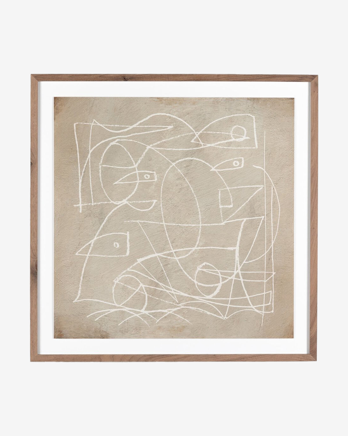 Change by Dan Hobday features abstract white geometric and curved lines forming shapes and faces on textured beige, framed in light wood with a white mat. Handmade in Austin, its an elegant modern minimalist piece.