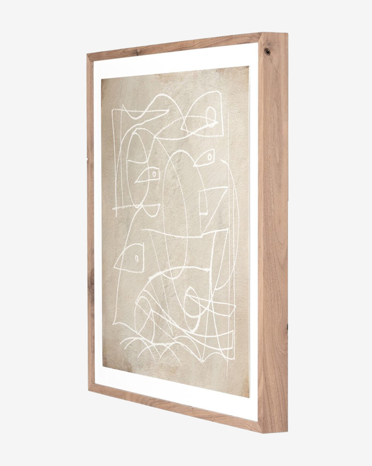 Change by Dan Hobday is a framed abstract artwork featuring white line bird drawings on a textured beige background. The rustic walnut frame, shown angled, complements the piece with modern minimalist style.