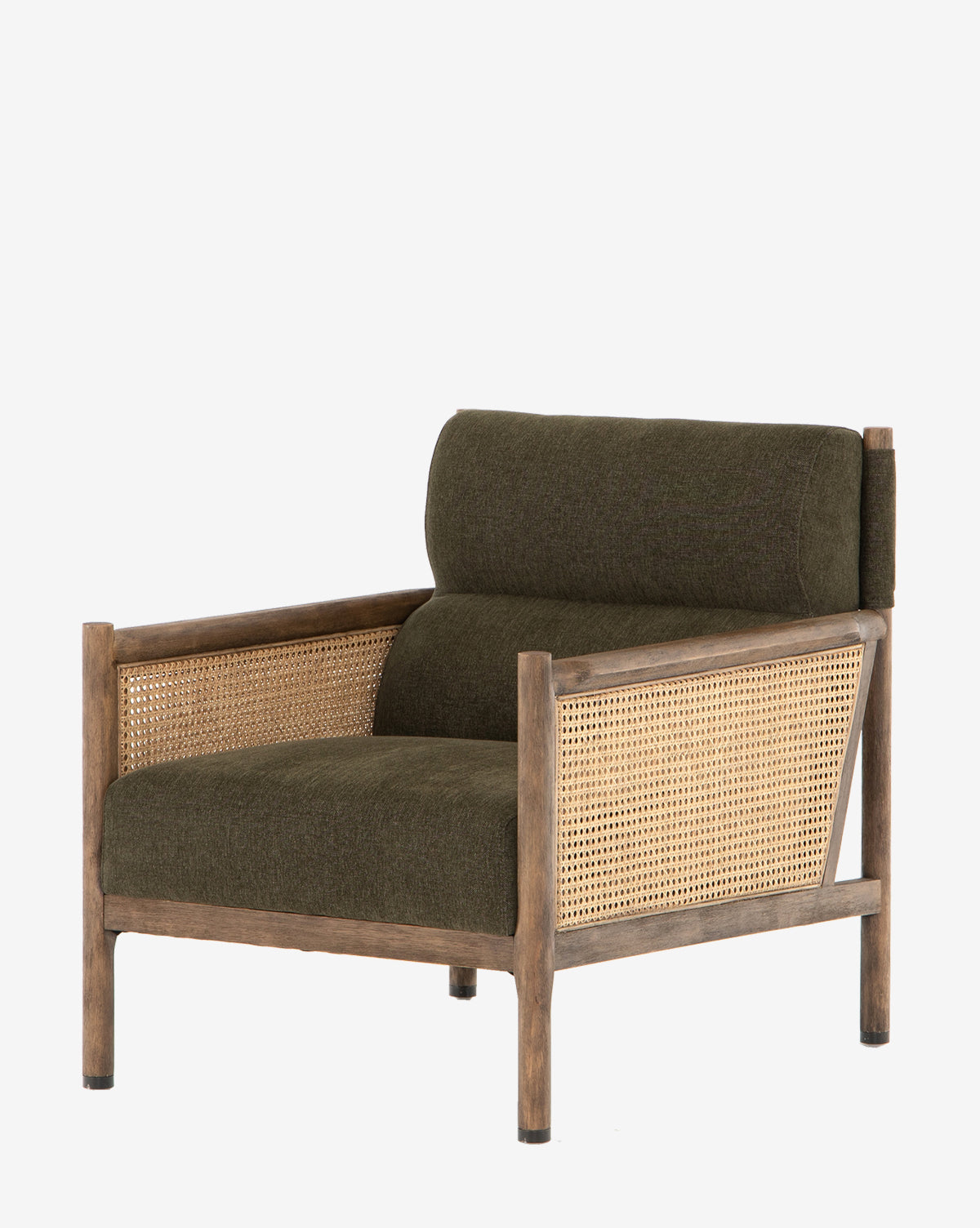 The Channing Lounge Chair features a wide, olive green high-performance upholstered seat and backrest, complemented by wooden legs, frame, and armrests with woven cane panels for Parisian-inspired style, by McGee & Co.
