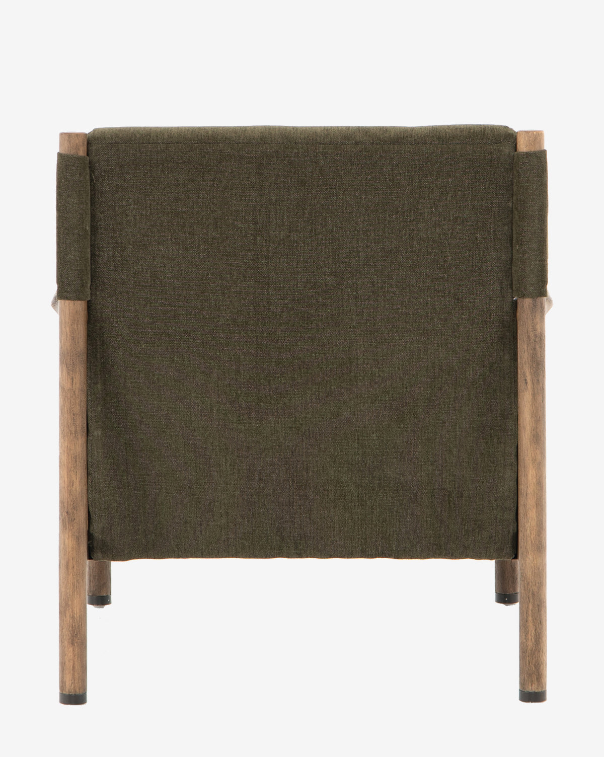 A dark green Channing Lounge Chair with a high-performance upholstered seat and rectangular backrest is shown from behind, featuring wooden legs and a sleek, modern design, by McGee & Co.