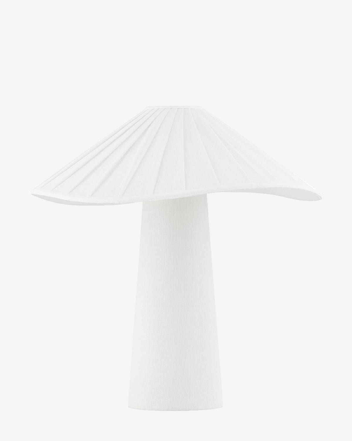 The Chanterelle Table Lamp features a mushroom-inspired silhouette with a pleated shade and simple cylindrical base in a monotone design, all set against a plain white background by McGee & Co.