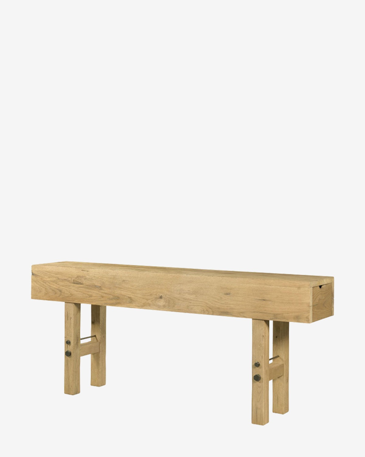 The Charlene Console Table is a simple, rectangular organic wood bench with a natural finish and four sturdy block legs, shown against a plain white background by McGee & Co.