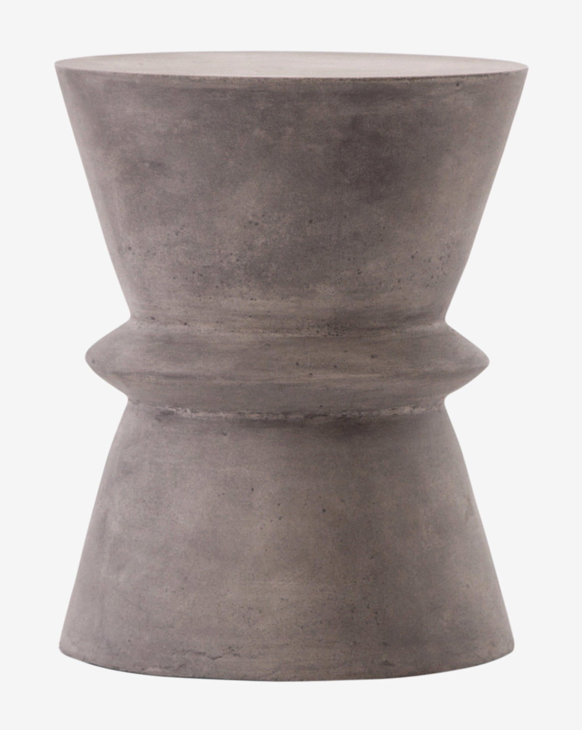 The Charlotte Side Table features a gray, hourglass-shaped geometric design with a smooth concrete finish and slightly raised center ridge, making it perfect for outdoor use, by McGee & Co.