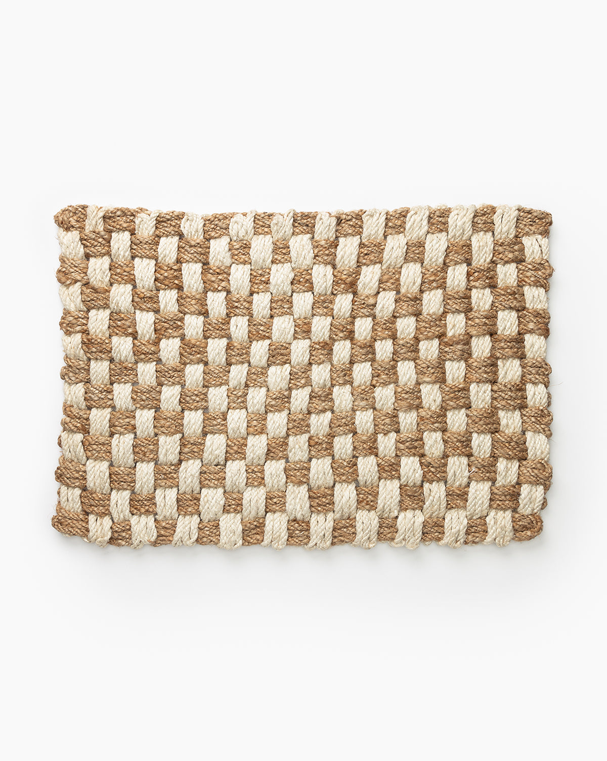 The Checker Jute Doormat features a rectangular shape and woven checker pattern in natural brown and off-white fibers, shown on a white background, by McGee & Co.