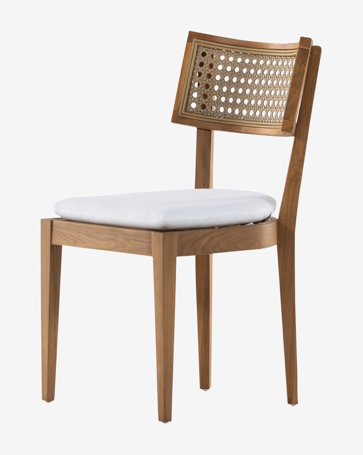 The Chester Outdoor Dining Chair features a wooden frame, woven cane backrest, UV-resistant white cushioned seat, and angled legs, shown against a plain white background by McGee & Co.