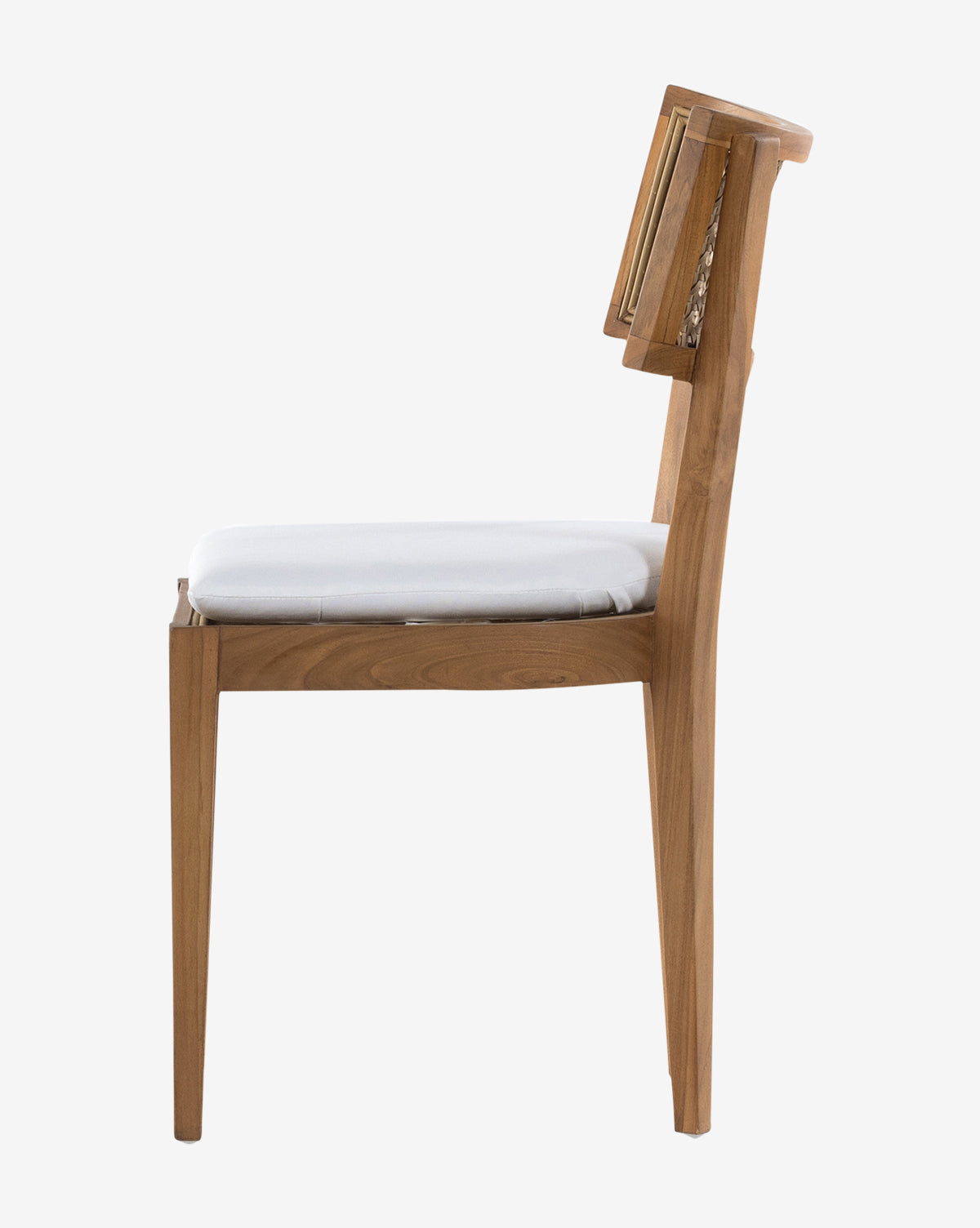 Side view of the Chester Outdoor Dining Chair with a sturdy teak frame, UV-resistant white cushion, angled backrest with woven detailing, and a minimalist modern design, by McGee & Co.