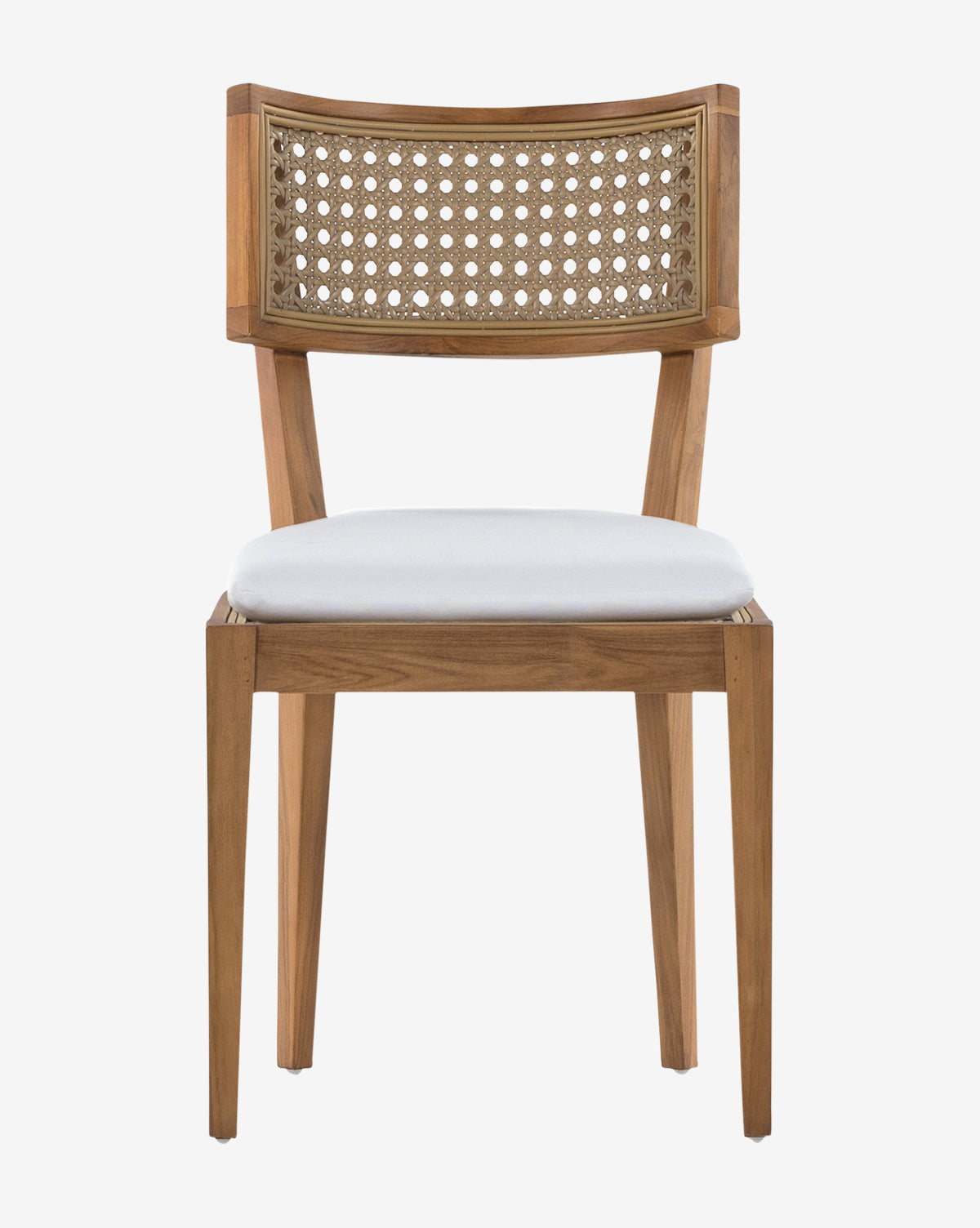 The Chester Outdoor Dining Chair features a wooden frame, woven cane backrest, and a white UV-resistant cushioned seat, shown from the front against a plain white background, by McGee & Co.