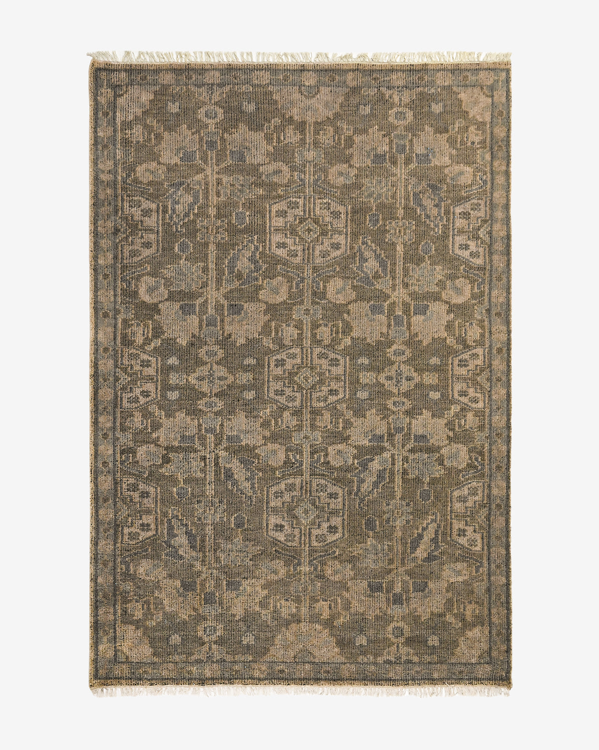 The Chevalier Hand-Knotted Wool Rug showcases intricate geometric and floral patterns in a muted, earthy palette, with fringe on the short sides and a decorative border framing its timeless central design, by McGee & Co.