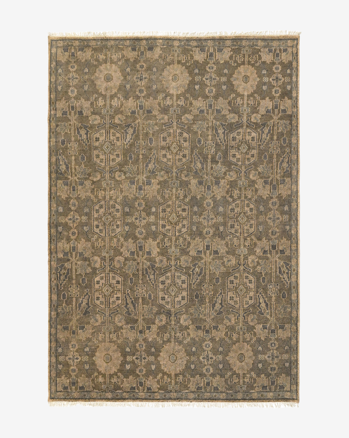 The Chevalier Hand-Knotted Wool Rug is rectangular with a detailed geometric and floral pattern in beige, brown, and olive green. Fringe on the shorter edges enhances its vintage look and timeless elegance, by McGee & Co.
