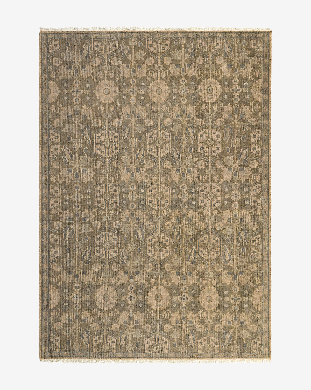 The Chevalier Hand-Knotted Wool Rug features an intricate, symmetrical floral and geometric pattern in beige, brown, and gray tones with a subtle border and fringed edges for timeless elegance, by McGee & Co.