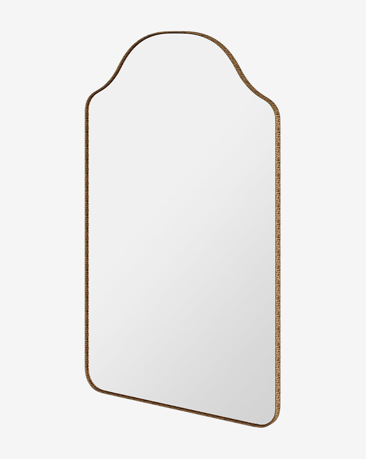 The Chiara Mirror showcases an arched top, rounded corners, and a textured antique brass border, combining modern and traditional styles against a white background, by McGee & Co.