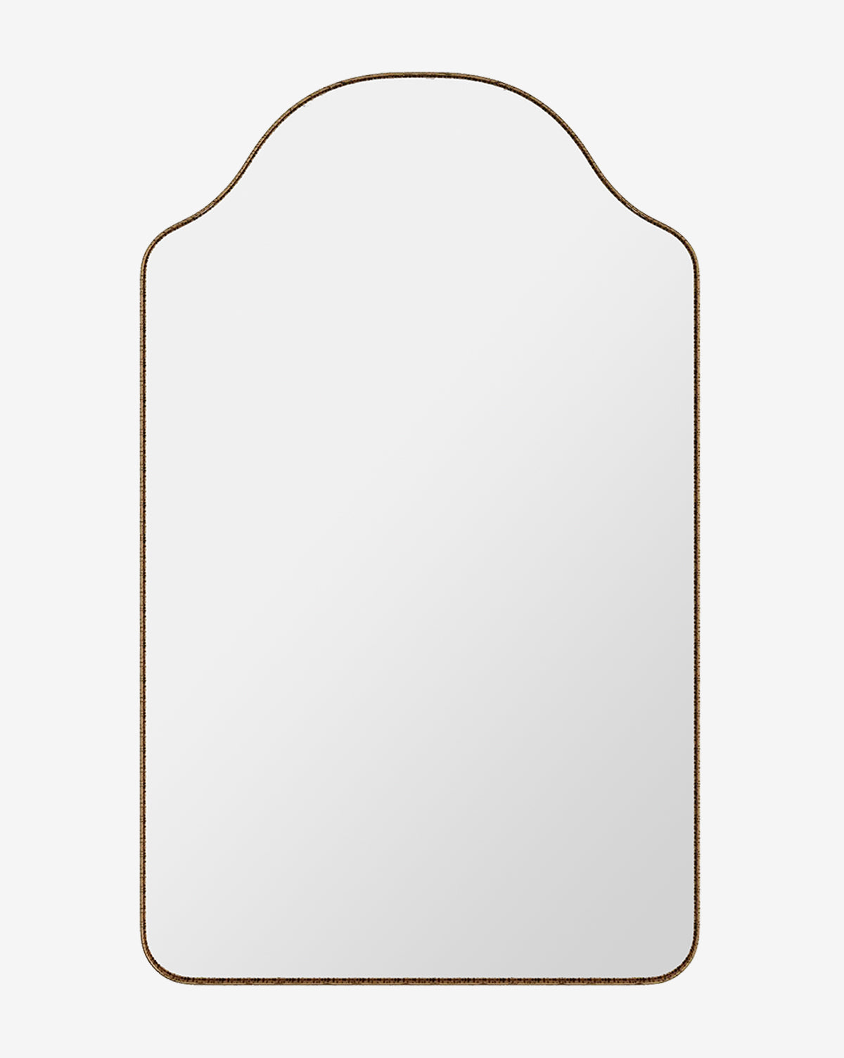 The Chiara Mirror is an elegant wall mirror with a curved top and rounded corners, featuring a slim textured frame in brown or antique brass, by McGee & Co.
