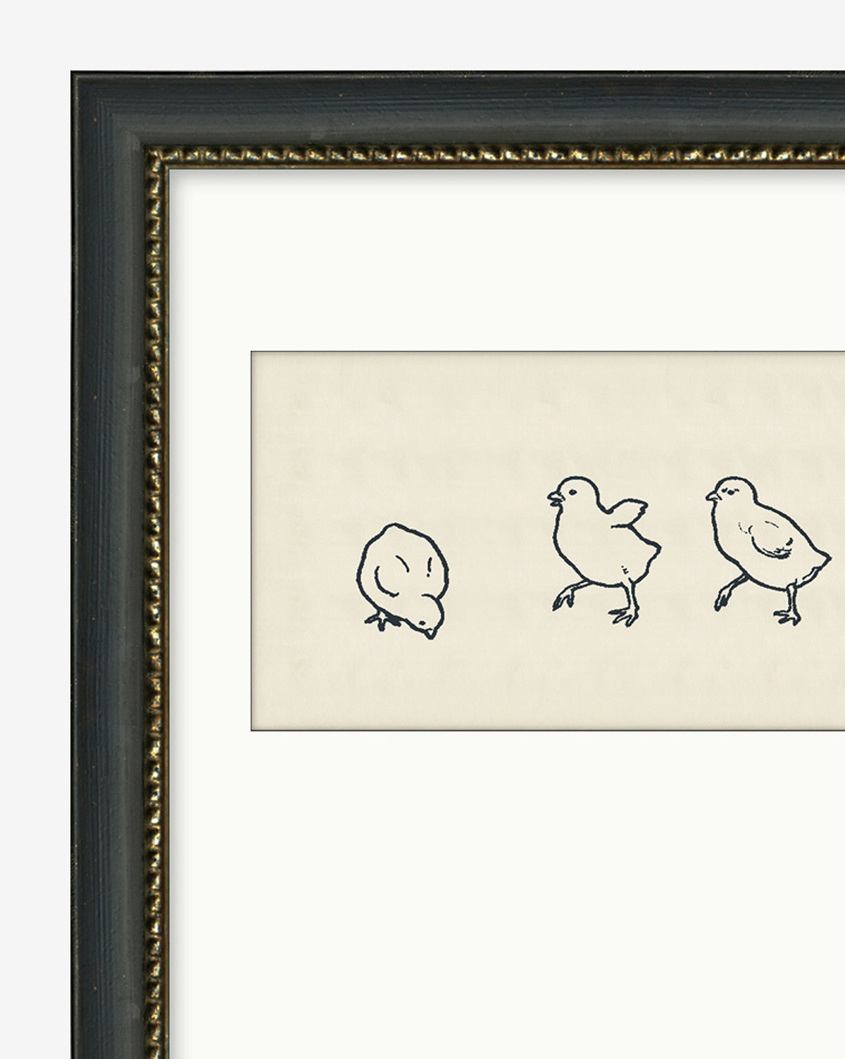 The Chick Cut-Outs framed art showcases three simple black line sketches of baby chicks—one pecking, two walking—centered on a white mat in a dark frame, making it ideal for children’s bedroom decor.