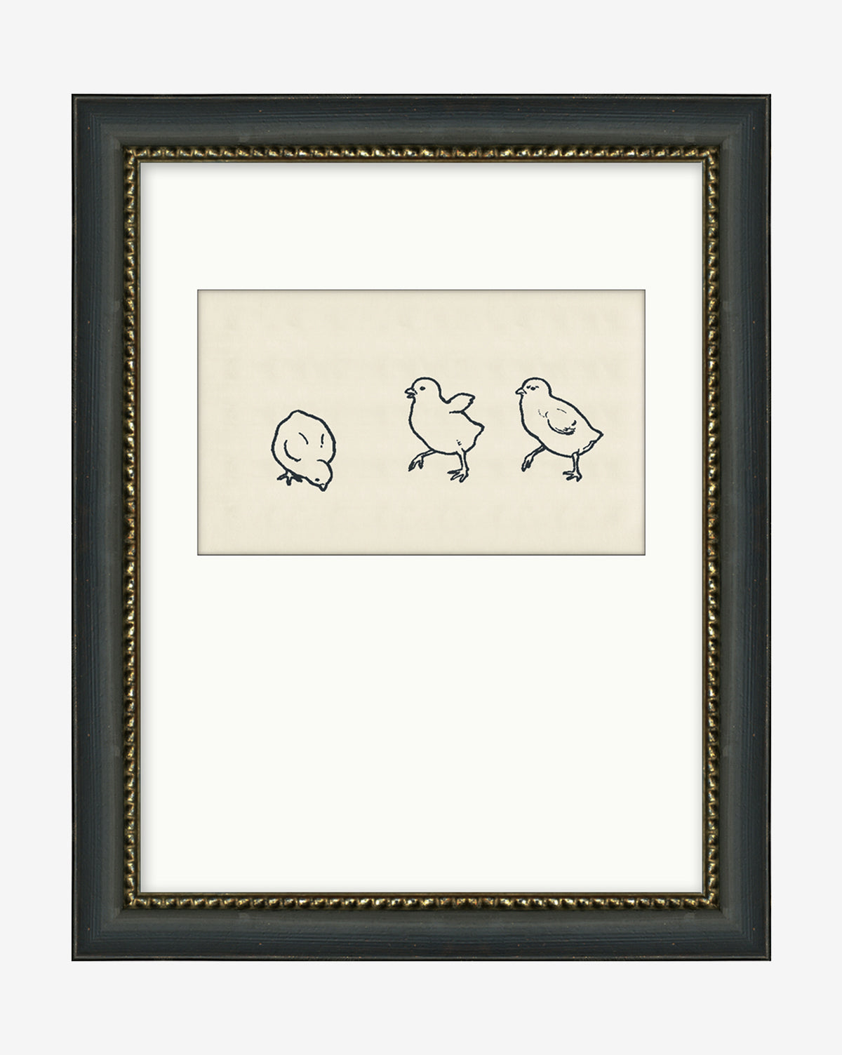 Chick Cut-Outs is a giclee print showing three baby chicks in various poses, drawn with simple black lines on a white background and set in a dark decorative frame—ideal as wall art for children’s bedrooms.
