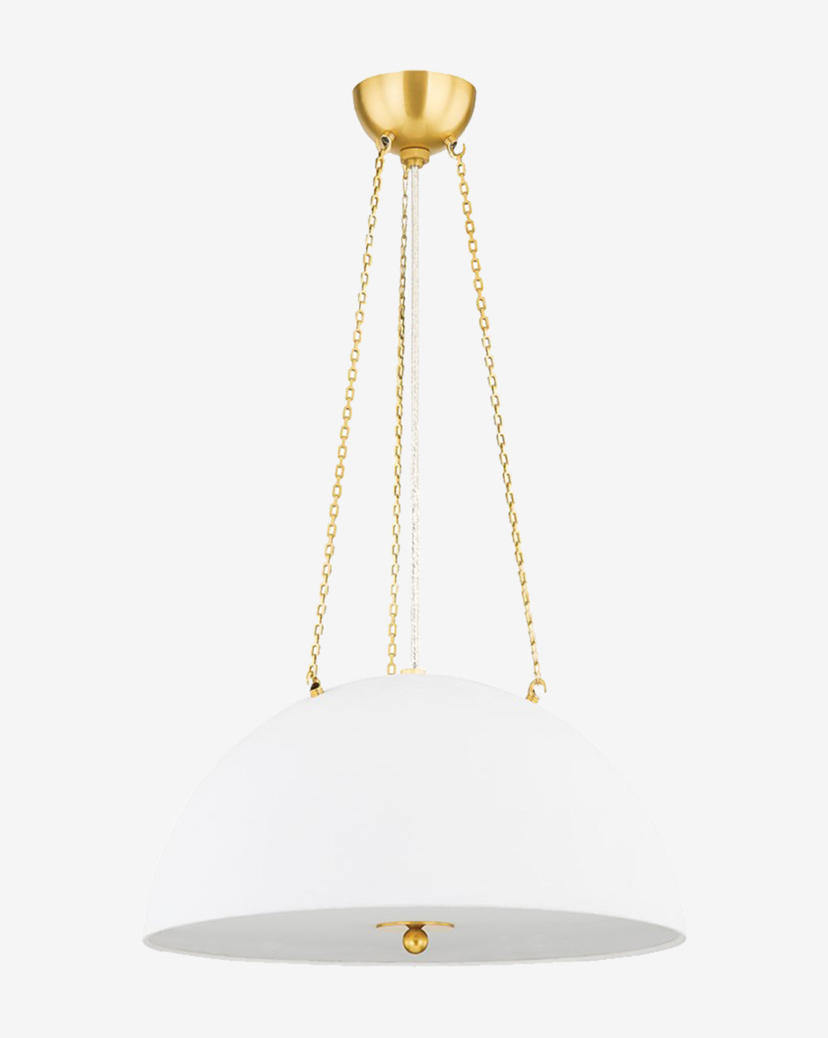 The Chiswick Pendant by Hudson Valley Lighting features a modern white plaster shade, three aged brass-finished gold chains, and a matching ceiling mount. McGee & Co.