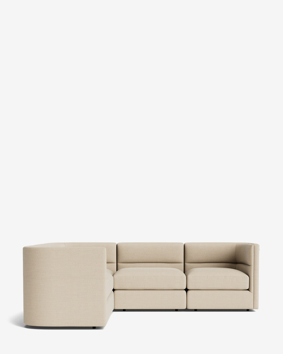 The Makerspalm Claremont Modular L Sectional 99 in beige, with clean lines and a low profile, is shown on a white background. This customizable fabric sectional offers modern style and comfort for contemporary spaces. McGee & Co.