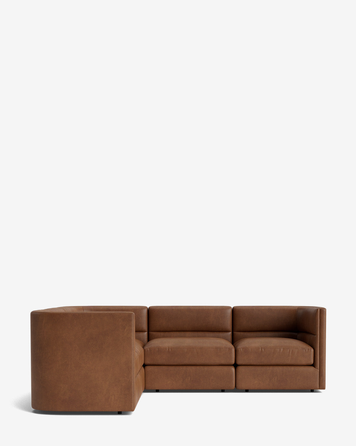 A Claremont Modular L Sectional 99 in brown leather, featuring clean lines and wide, cushioned seats, is shown against a plain white background, by McGee & Co.