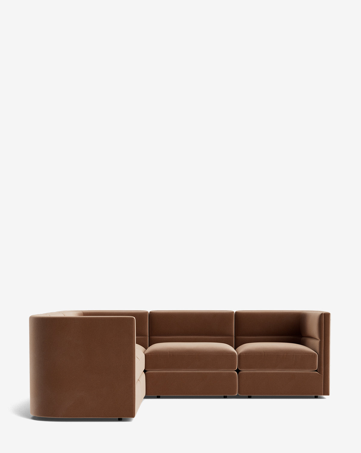 The Makerspalm Claremont Modular L Sectional 99 is a modern brown leather three-seater with a left-side chaise lounge, shown against a plain white background. McGee & Co.
