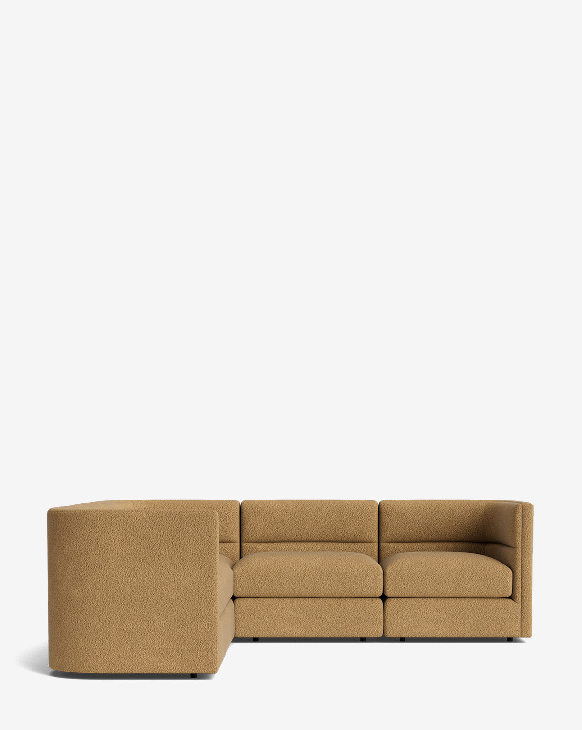 The Makerspalm Claremont Modular L Sectional 99 features a modern, vintage-inspired design with a low profile and textured light brown upholstery, shown against a plain white background. McGee & Co.