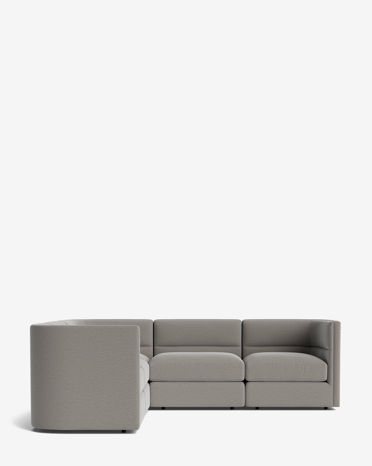 The Claremont Modular L Sectional 99 is upholstered in light gray fabric with a low back and wide cushioned seats, shown against a plain white background—a customizable option ideal for contemporary interiors, by McGee & Co.