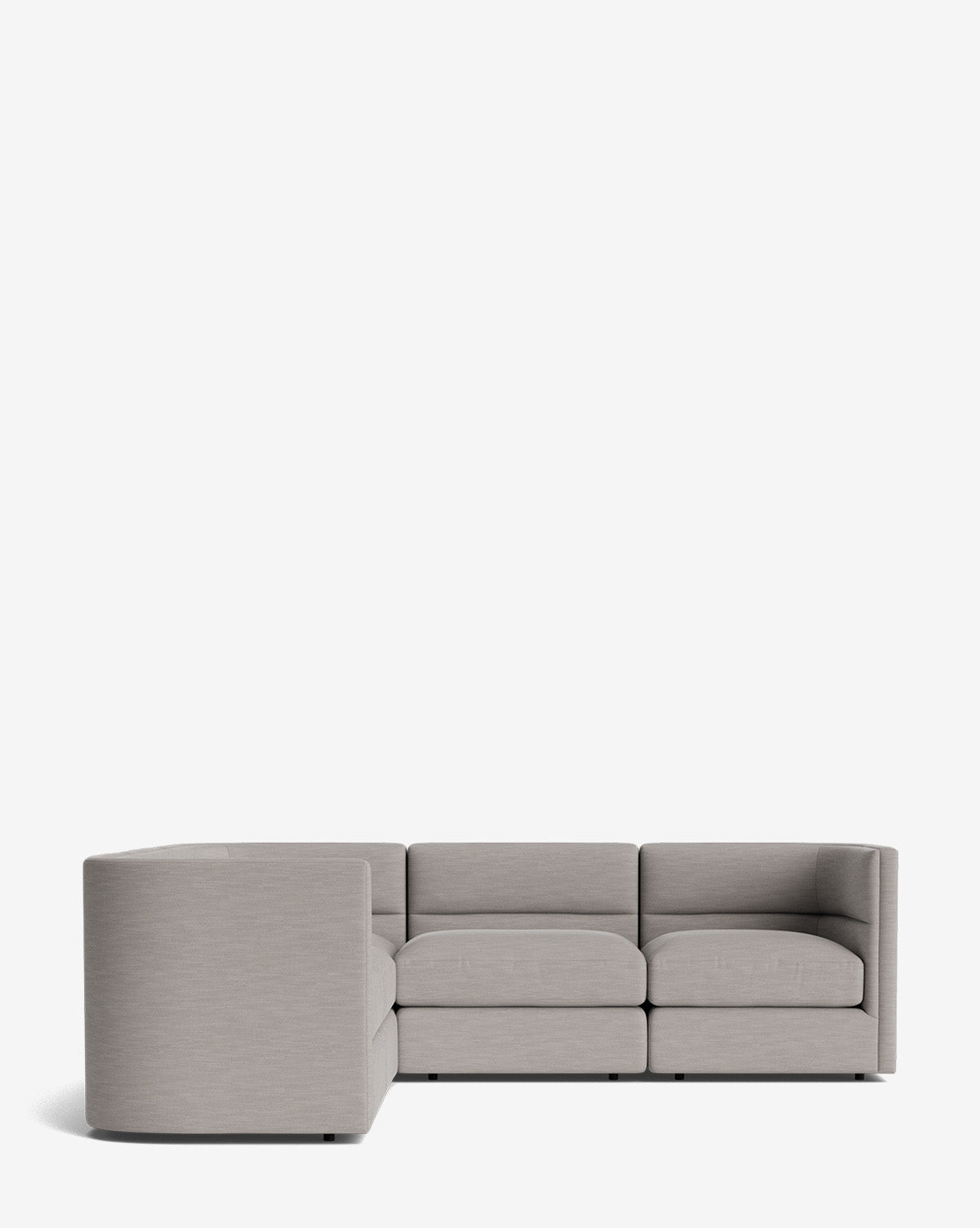 A modern Claremont Modular L Sectional 99 in light gray, with clean lines, low backrests, wide armrests, and three fabric seat sections arranged in an L-shape against a plain white background by McGee & Co.