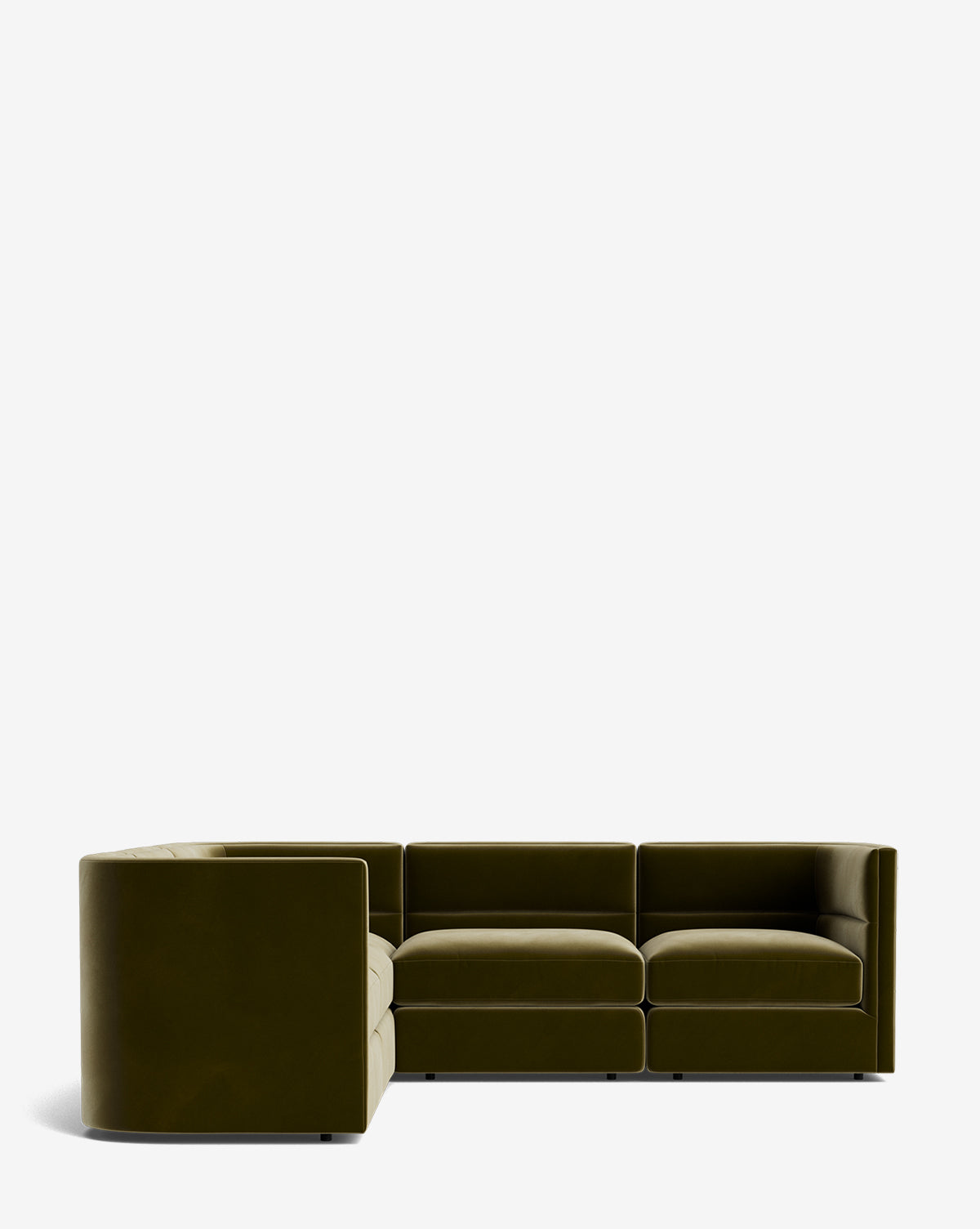 The Makerspalm Claremont Modular L Sectional 99 in olive green features a boxy, modern design with thick cushions for comfort and style, shown against a plain white background. McGee & Co.