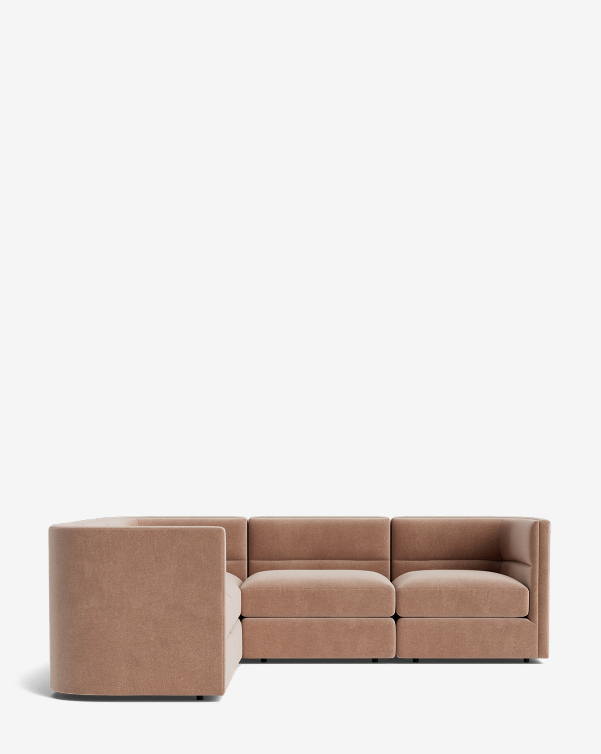 The Makerspalm Claremont Modular L Sectional 99 features vintage-inspired design with three seats and a corner unit, upholstered in light brown fabric and displayed against a plain white background. McGee & Co.