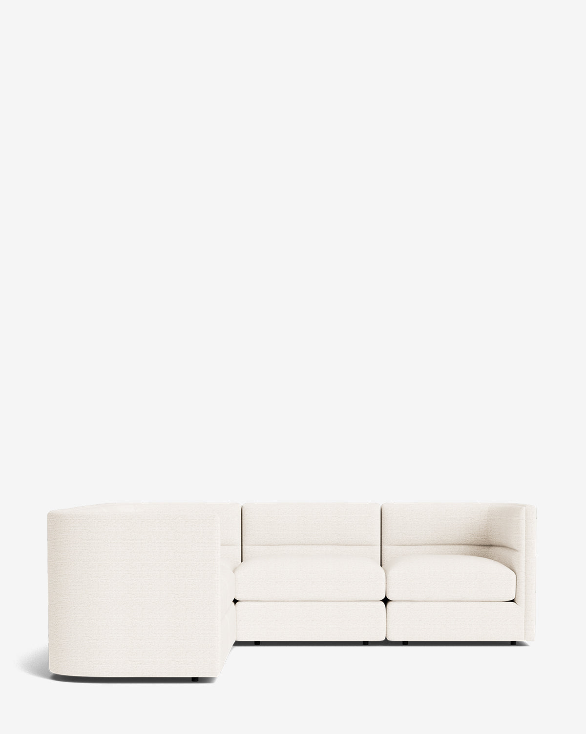 The Claremont Modular L Sectional 99 features a modern, minimalist design in off-white with customizable fabric, three seats, a low backrest, and clean boxy lines for a sleek look against any white background, by McGee & Co.