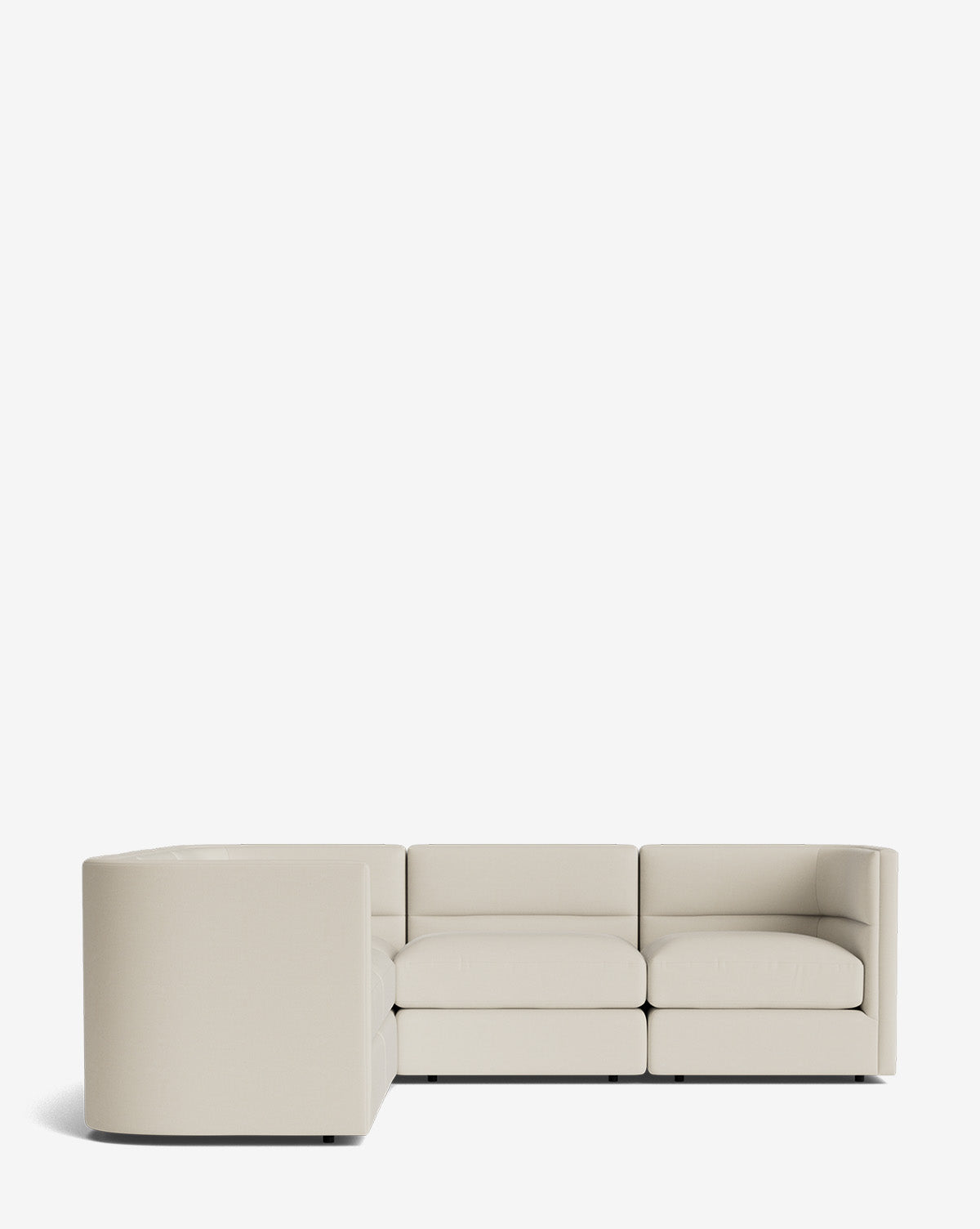 The Claremont Modular L Sectional 99 is upholstered in light beige fabric, featuring clean lines, wide armrests, and plush cushions for modern comfort, by McGee & Co. This customizable sectional stands out against a plain white background.
