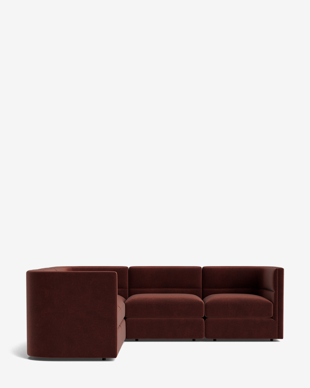 A sleek, dark red Claremont Modular L Sectional 99 with low backs and arms seats five in an L-shape, set against a plain white background by McGee & Co.