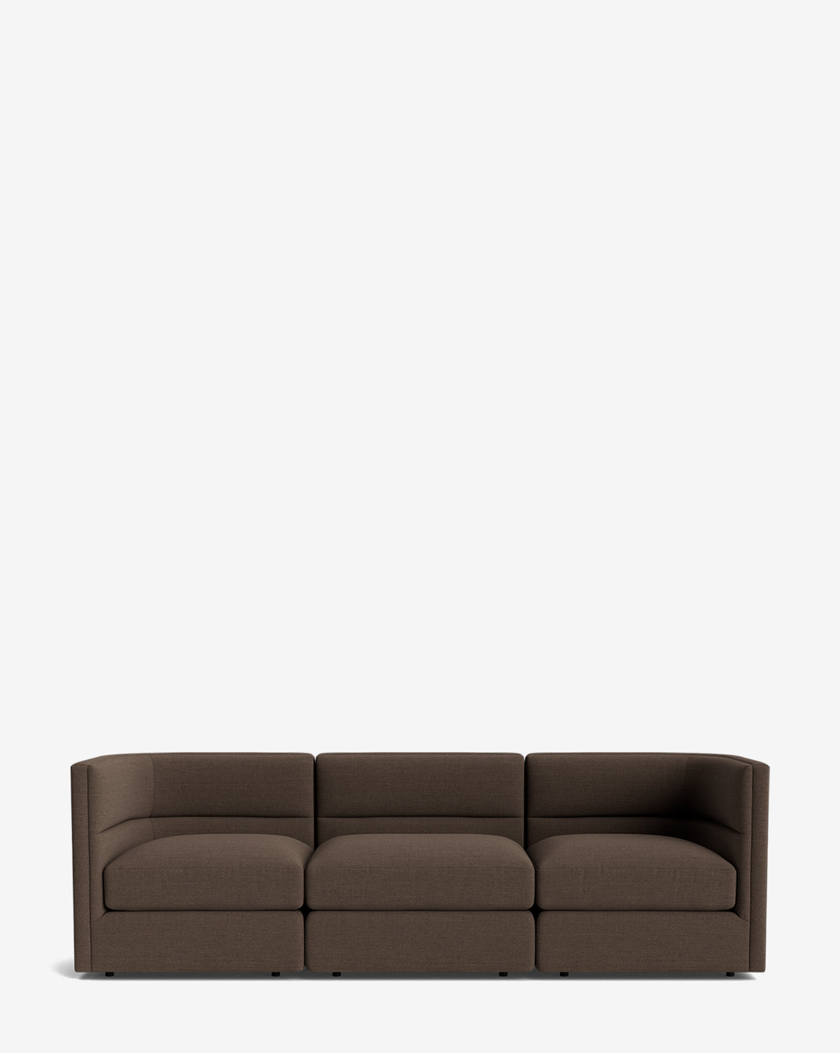 The Makerspalm Claremont Modular Sofa 99 is a modern three-seater with square arms and a low back, upholstered in customizable fabric, shown here in brown against a plain white background, McGee & Co.