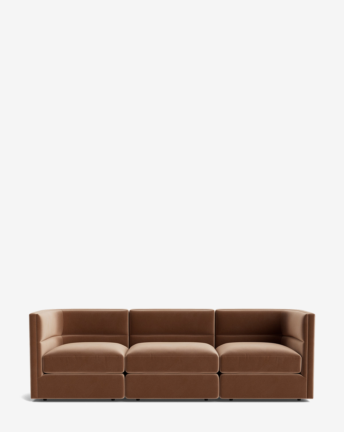 The Claremont Modular Sofa 99 is a modern three-seater with light brown fabric, low square arms, and a minimalist design, shown against a plain white background, by McGee & Co.