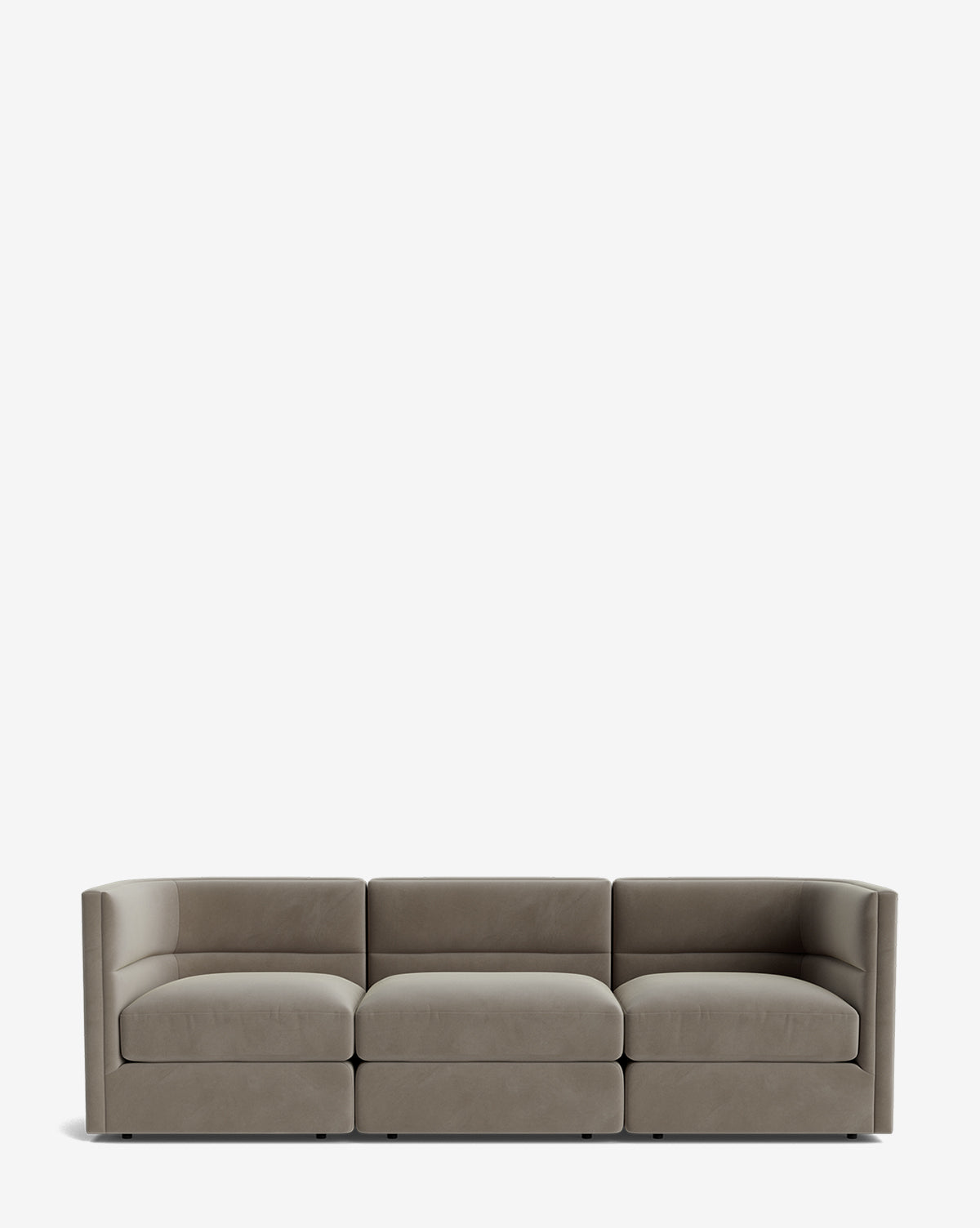The Claremont Modular Sofa 99 features smooth taupe upholstery, low squared arms, and a modern minimalist design for luxurious comfort, showcased on a plain white background by McGee & Co.