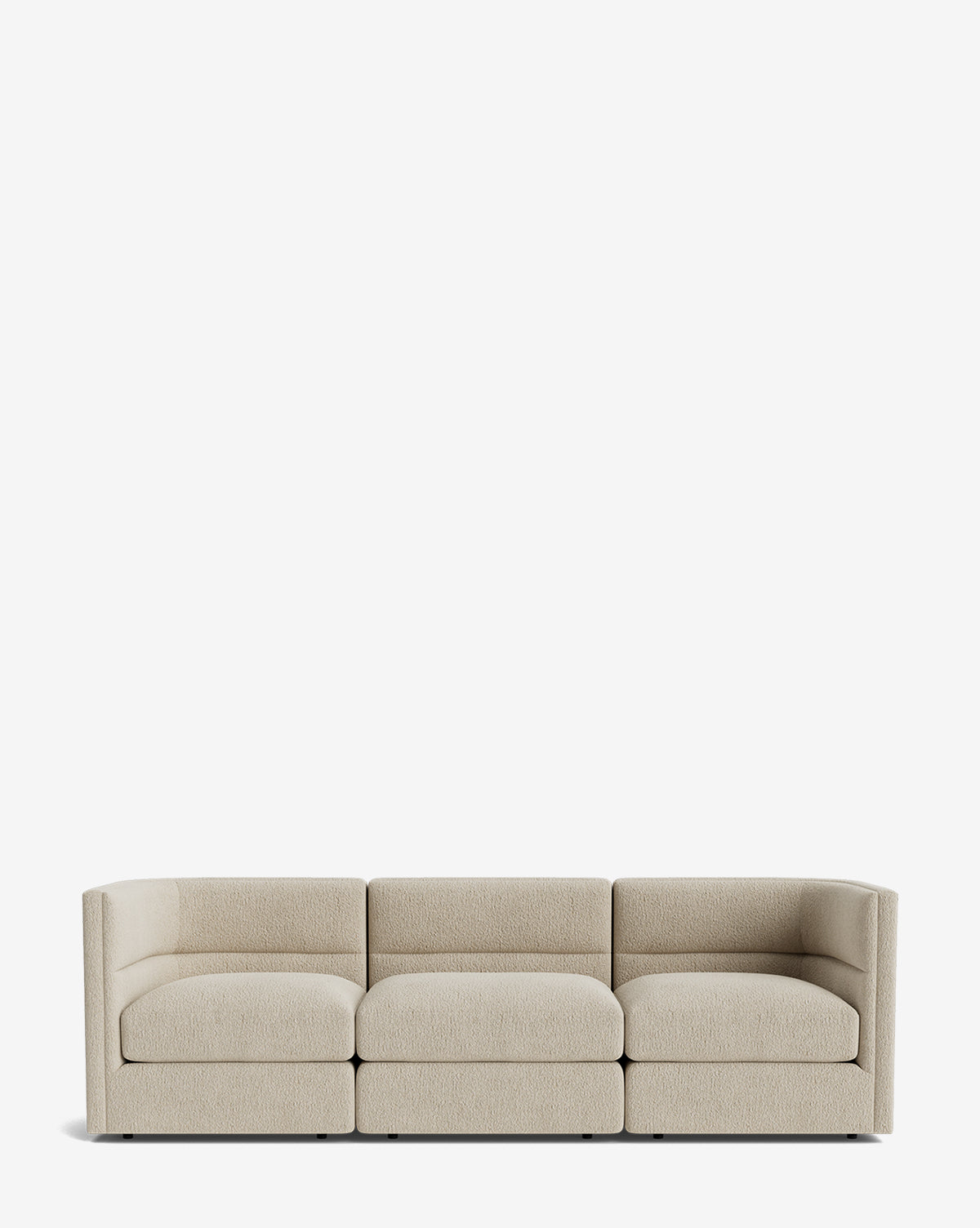 The Claremont Modular Sofa 99 is a modern, vintage-inspired three-seater in beige with low, straight arms and minimalist design, set against a plain white background for luxurious comfort, by McGee & Co.
