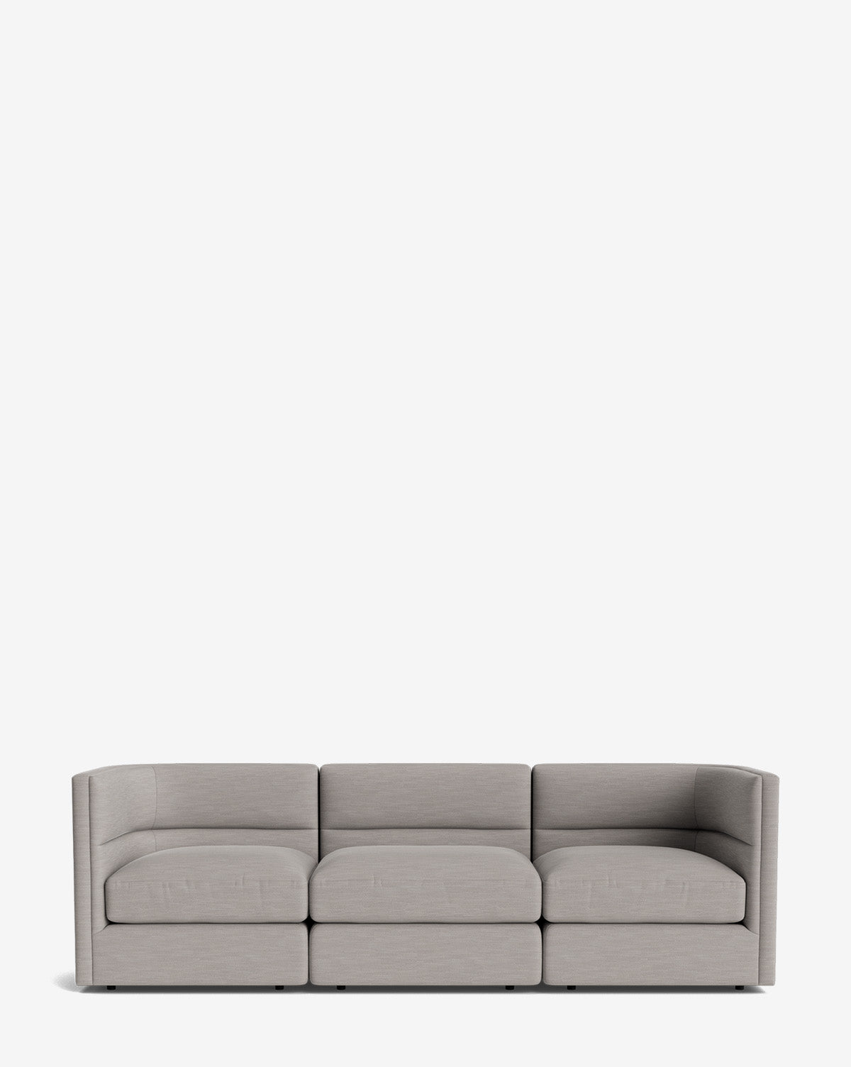 The Claremont Modular Sofa 99 is a modern light gray three-seater with straight lines and low arms, set against a plain white background, offering luxurious comfort for any living space, by McGee & Co.
