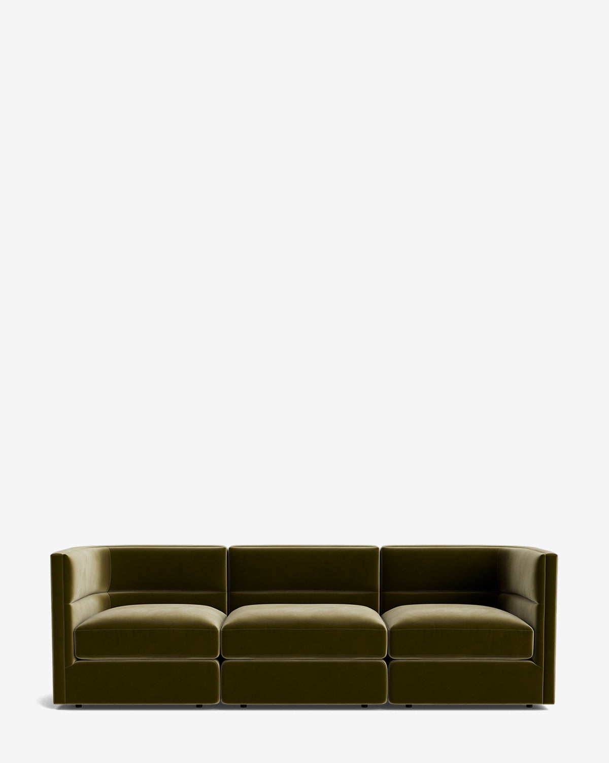 The Claremont Modular Sofa 99 features a modern, low-profile design in olive green velvet with three seat cushions and square armrests, delivering luxurious comfort against a plain white background, by McGee & Co.