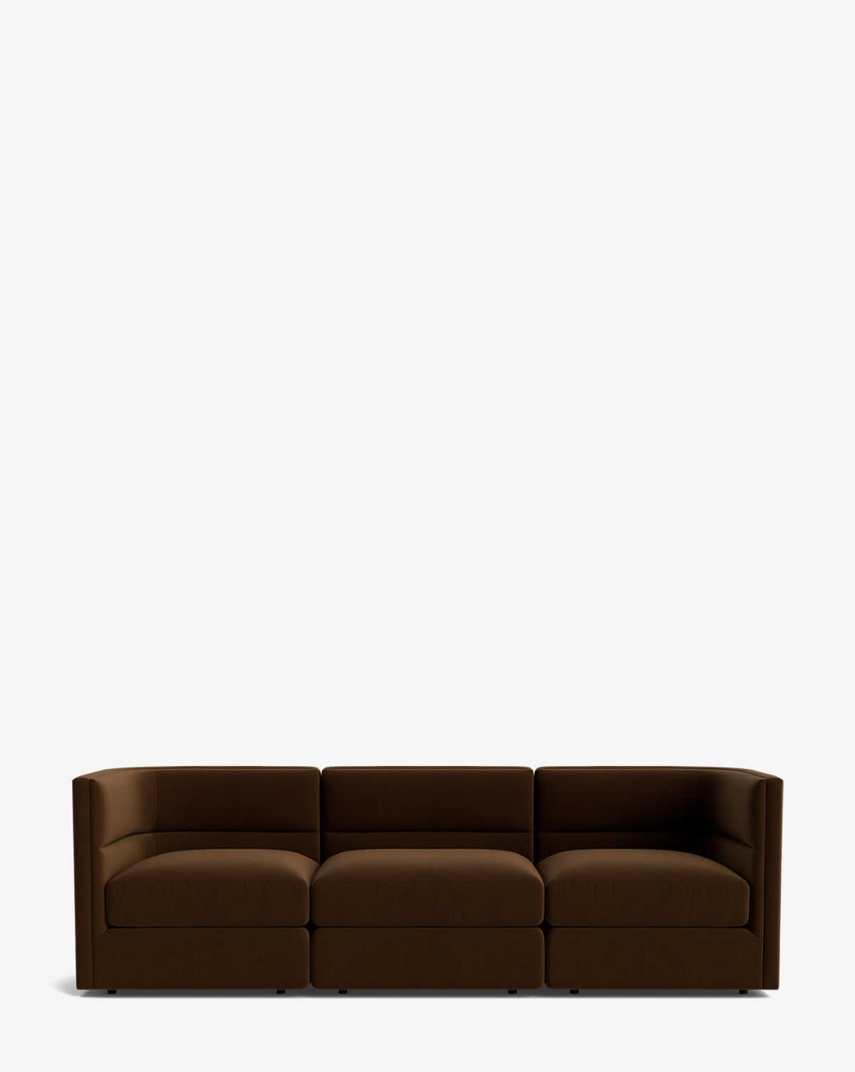 The Claremont Modular Sofa 99 is a modern, low-profile three-seater with dark brown upholstery and square arms, providing luxurious comfort against a plain white background by McGee & Co.