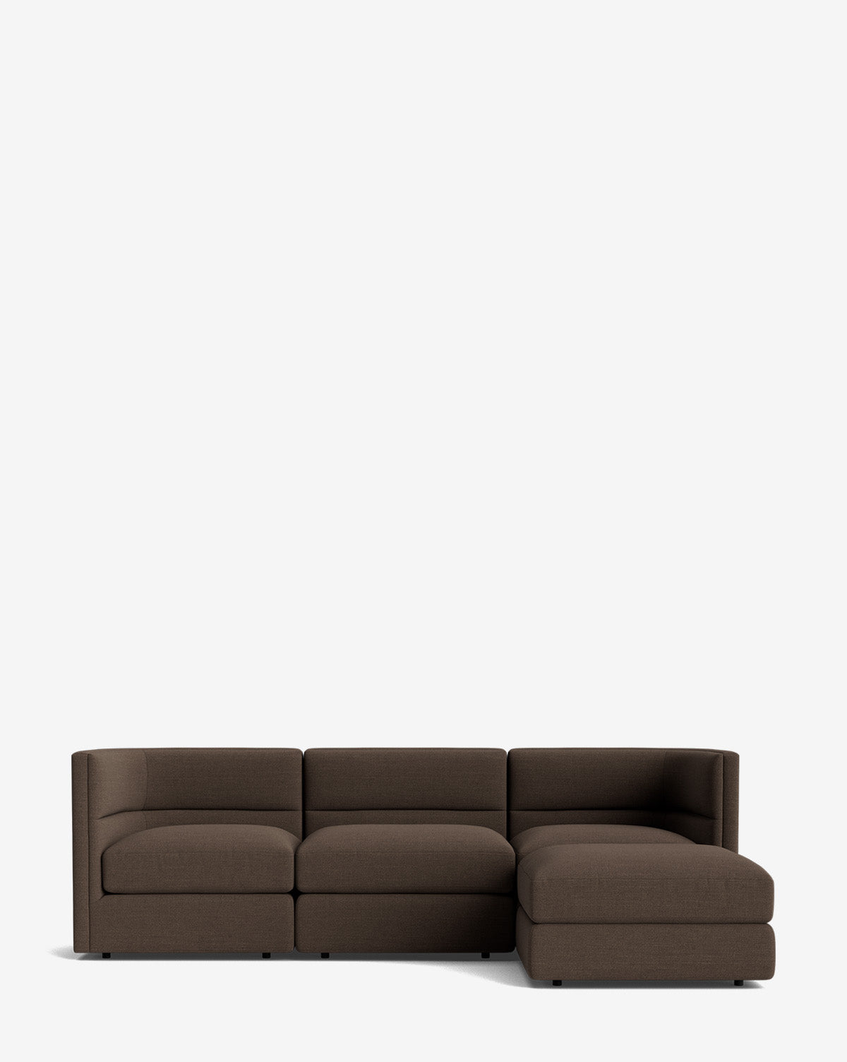 The Makerspalm Claremont Modular Sofa with Ottoman 99 is a modern, dark brown three-seat sofa with a right-side chaise lounge, displayed on a plain white background. McGee & Co.