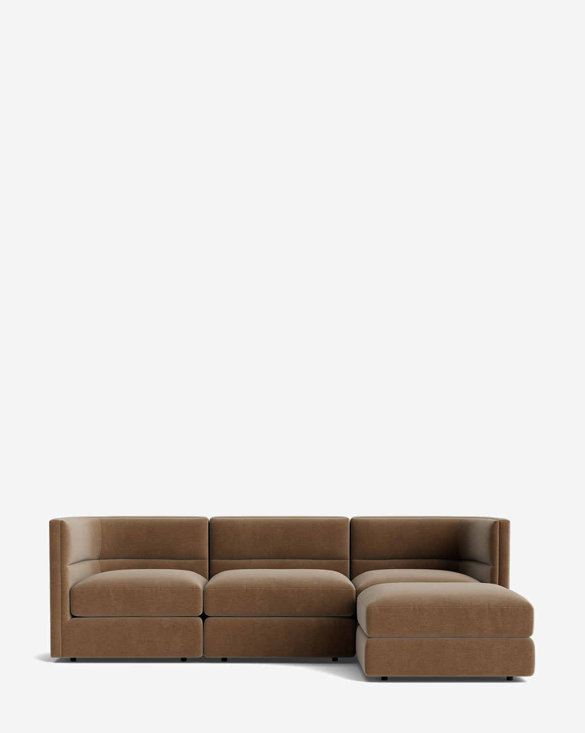 The Claremont Modular Sofa with Ottoman 99 is a modern brown sofa featuring clean lines, low backrests, wide cushions, a right-side chaise lounge, and an optional ottoman against a plain white background by McGee & Co.