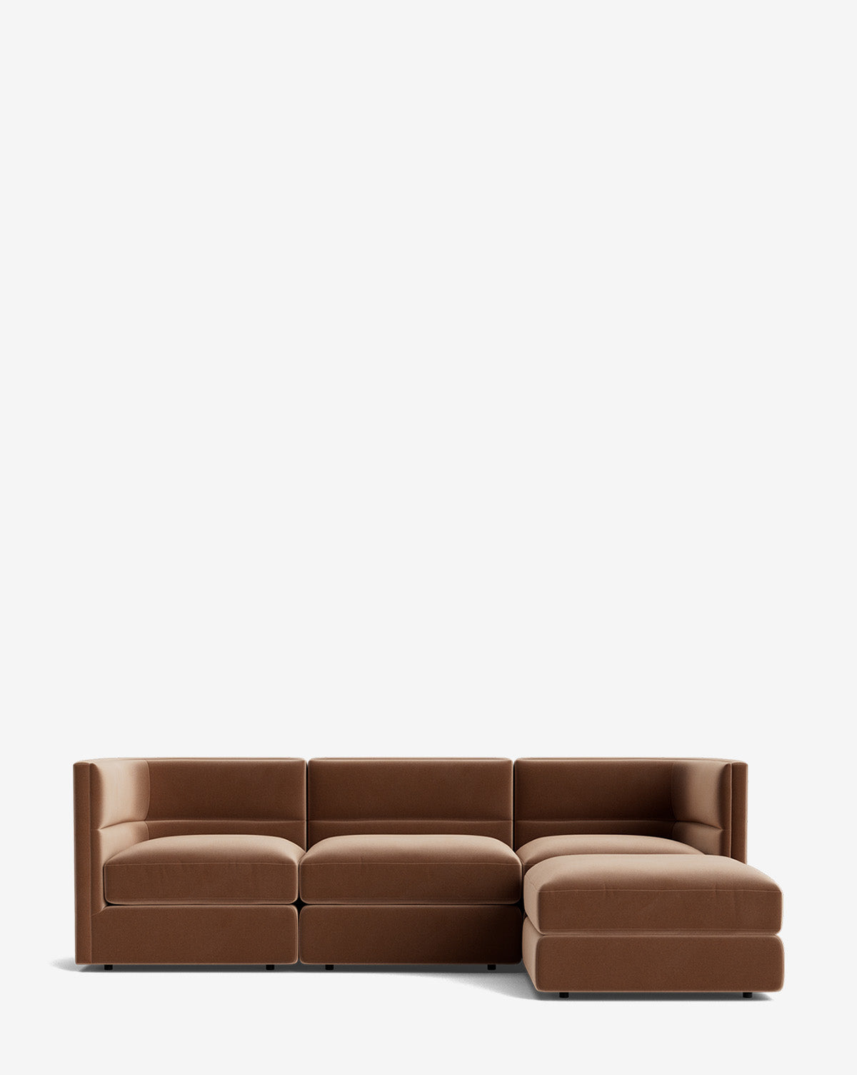 The Makerspalm Claremont Modular Sofa with Ottoman 99 is a modern brown sofa with clean lines, low backrests, three seats, and a right-side chaise lounge, shown against a plain white background. McGee & Co.