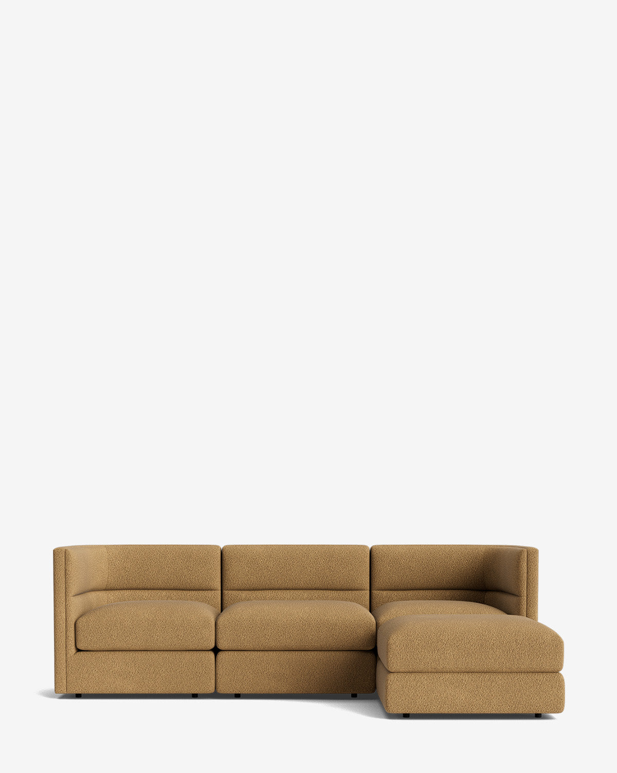 The Makerspalm Claremont Modular Sofa with Ottoman 99 is a modern tan piece featuring three seat cushions, a right-side chaise lounge, and textured fabric upholstery, shown against a plain white background. McGee & Co.