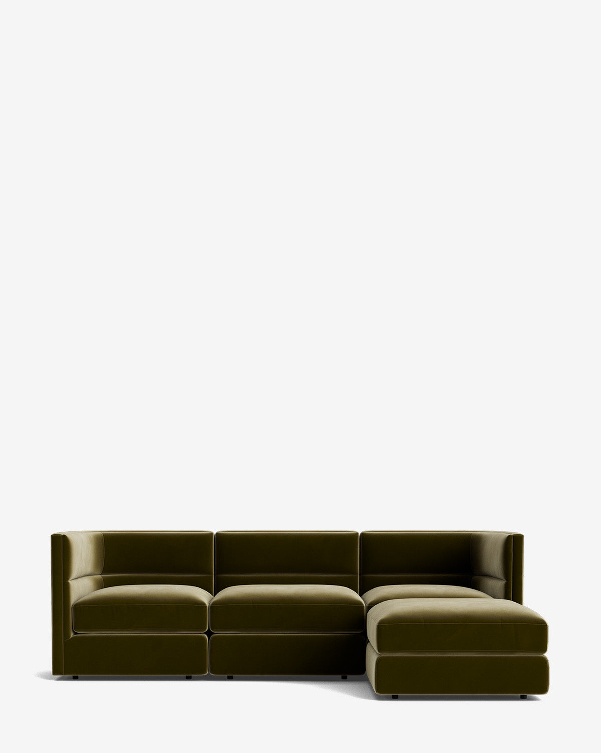 The Claremont Modular Sofa with Ottoman 99 is a modern olive-green three-seater with clean lines, a channeled back, and a right-side chaise lounge, shown against a plain white background by McGee & Co.