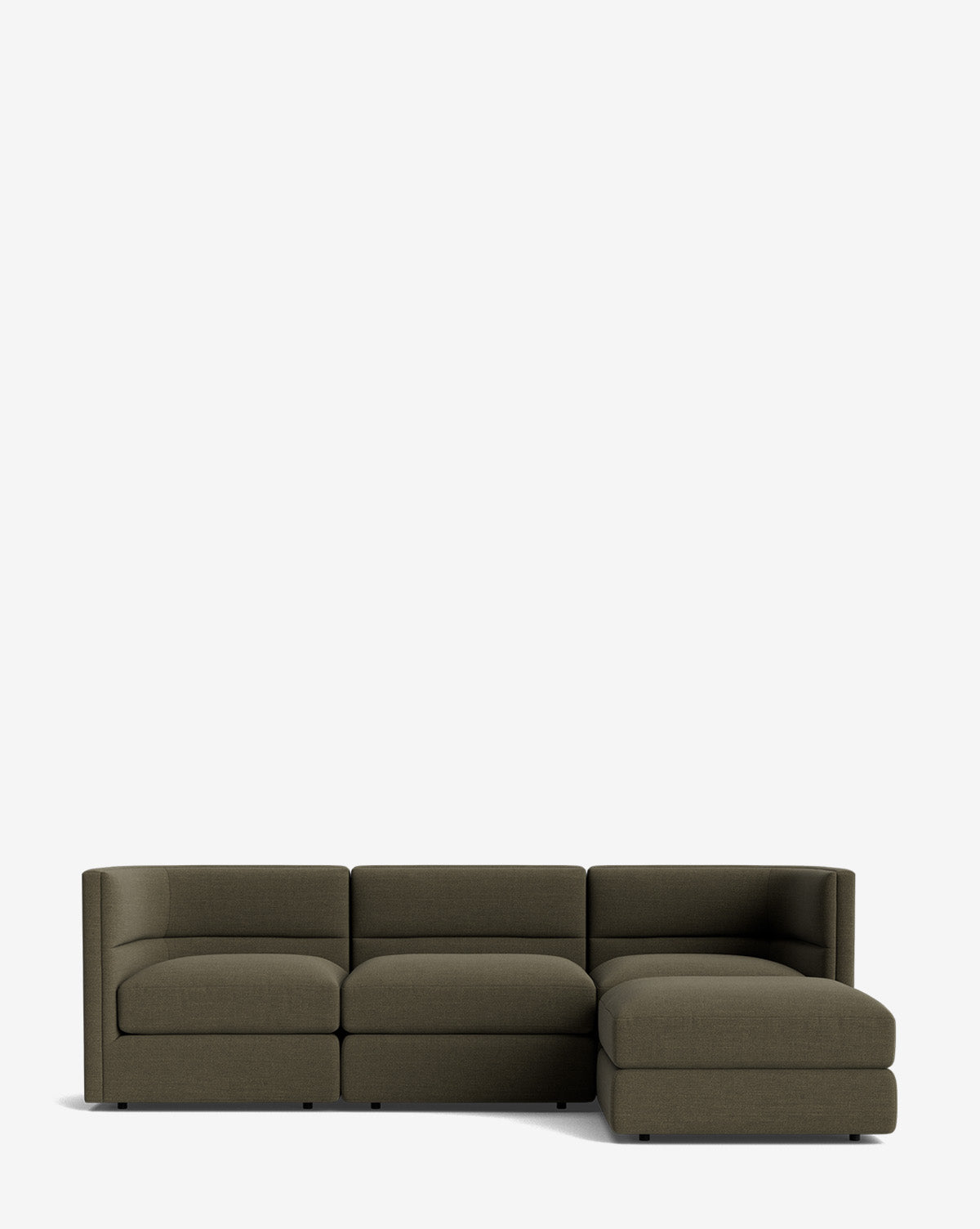 The Makerspalm Claremont Modular Sofa with Ottoman 99 features a modern olive green design with three seat cushions and a right-side chaise, displayed on a plain white background. McGee & Co.
