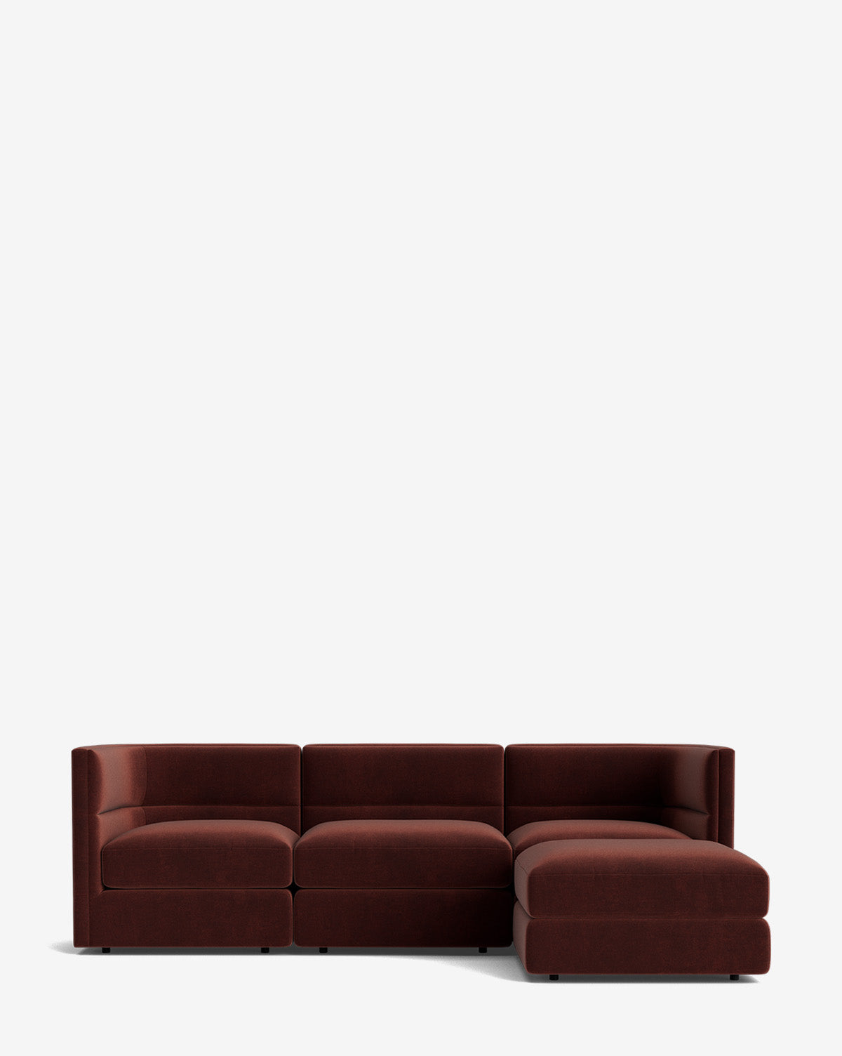 The Makerspalm Claremont Modular Sofa with Ottoman 99 features deep brown upholstery, three seat sections, and a right-side chaise lounge, displayed against a plain white background. McGee & Co.