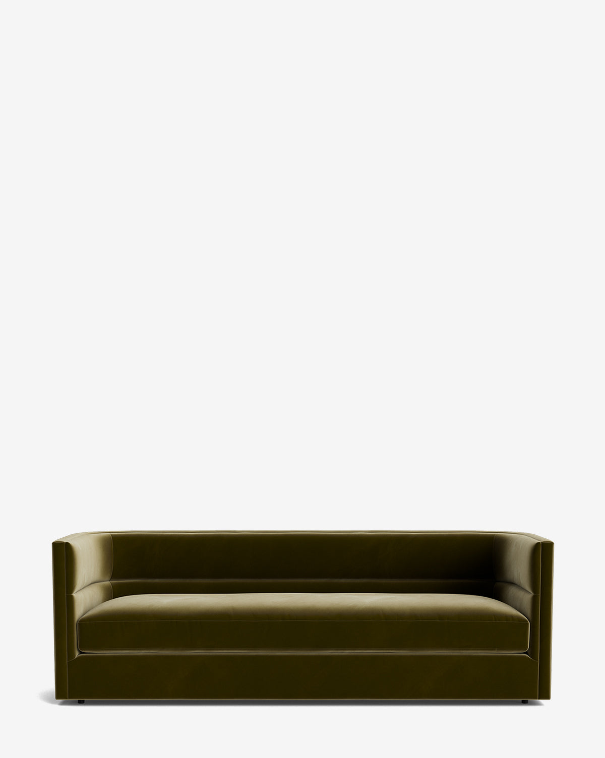 The Claremont Sofa 84 in modern olive-green velvet showcases clean lines, low square arms, and a single seat cushion, all set against a plain white background by McGee & Co.